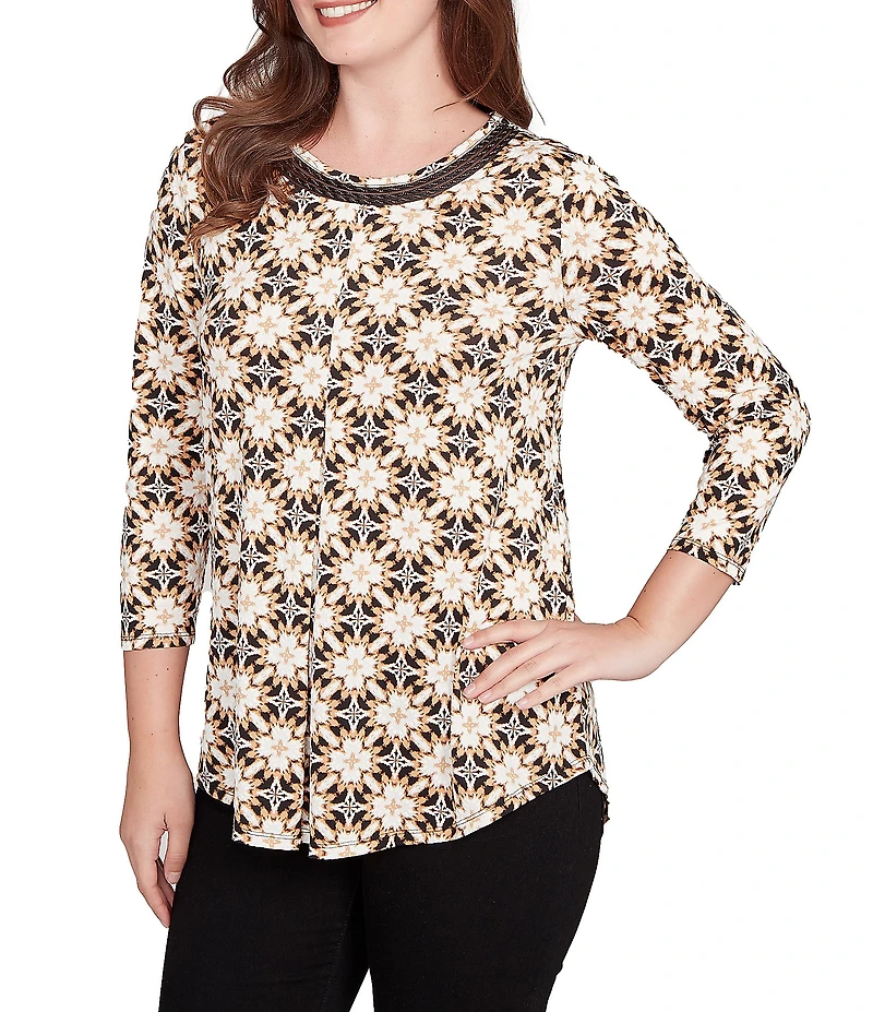Ruby Rd. Geometric Medallion Print Crew Neck 3/4 Sleeve Metallic Mesh Knit Top