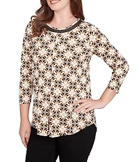 Ruby Rd. Geometric Medallion Print Crew Neck 3/4 Sleeve Metallic Mesh Knit Top