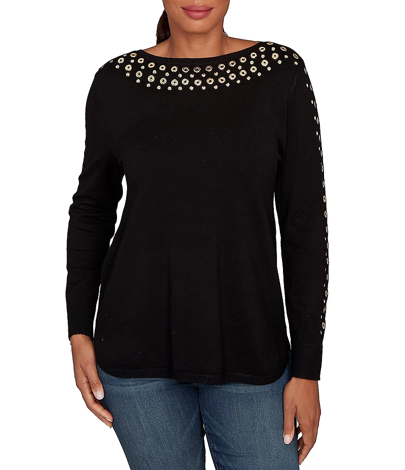 Ruby Rd. Gleaming Grommet Embellished Fine-Gauge Boat Neck Sweater