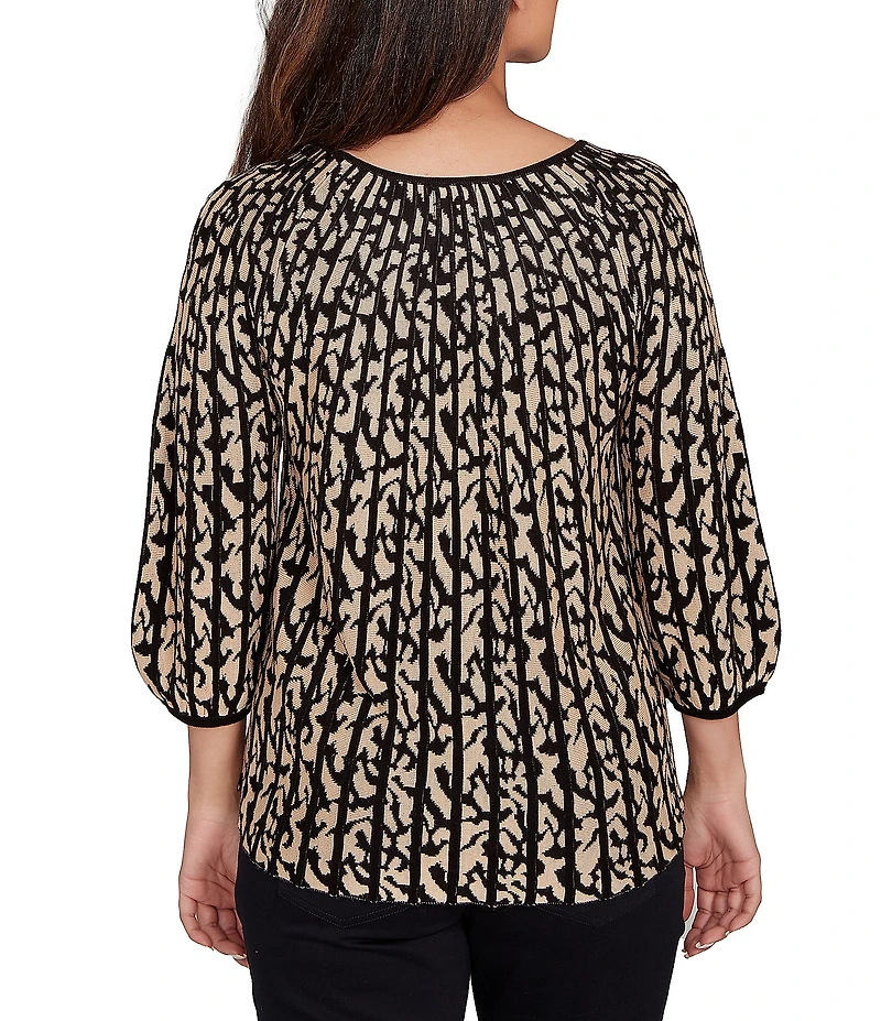 Ruby Rd. Gored Jacquard Textured Animal Print Keyhole Neck 3/4 Sleeve Sweater