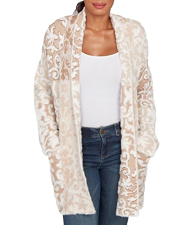 Ruby Rd. Jacquard Eyelash Yarn Vintage Scroll Shawl Collar Long Sleeve Open-Front Cardigan Sweater