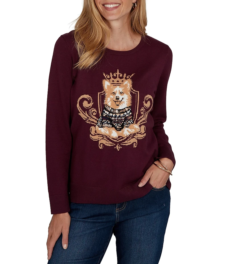 Ruby Rd. Jacquard Knit Regal Corgi Scoop Neck Long Sleeve Sweater