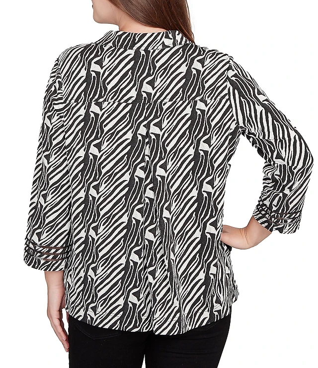 Ruby Woven Embellished Trim Clip-Dot Mandarin Collar 3/4