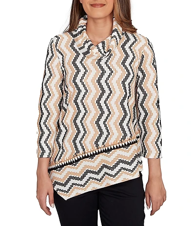 Ruby Rd. Jacquard Knit Zig-Zag Stripe Cowl Neck 3/4 Sleeve Asymmetric Hem Top