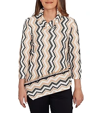 Ruby Rd. Jacquard Knit Zig-Zag Stripe Cowl Neck 3/4 Sleeve Asymmetric Hem Top