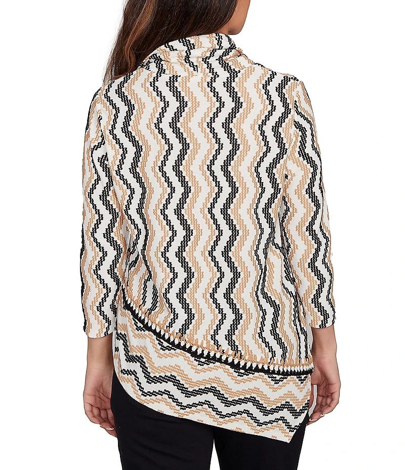 Ruby Rd. Jacquard Knit Zig-Zag Stripe Cowl Neck 3/4 Sleeve Asymmetric Hem Top