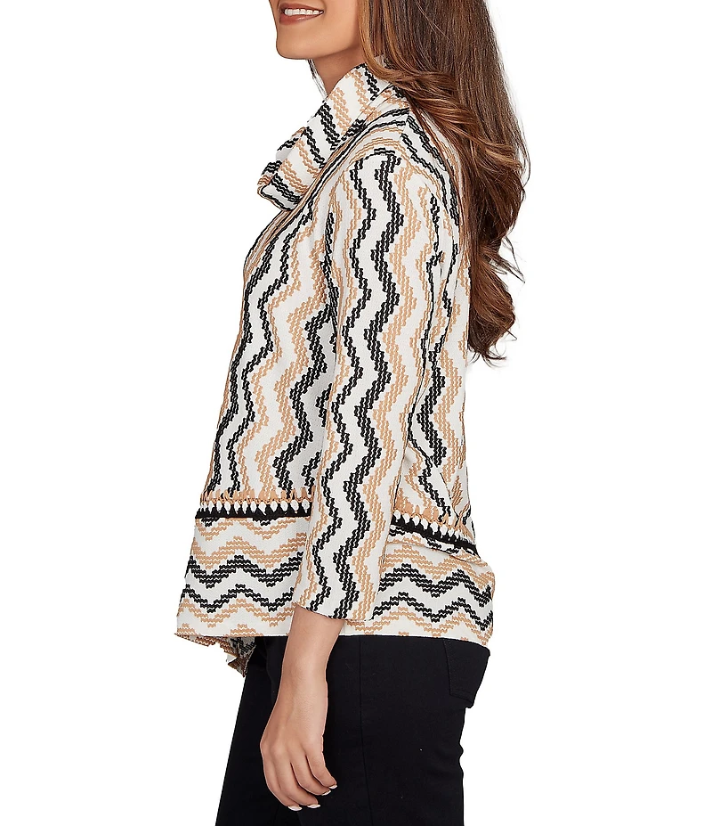 Ruby Rd. Jacquard Knit Zig-Zag Stripe Cowl Neck 3/4 Sleeve Asymmetric Hem Top