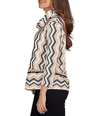 Ruby Rd. Jacquard Knit Zig-Zag Stripe Cowl Neck 3/4 Sleeve Asymmetric Hem Top