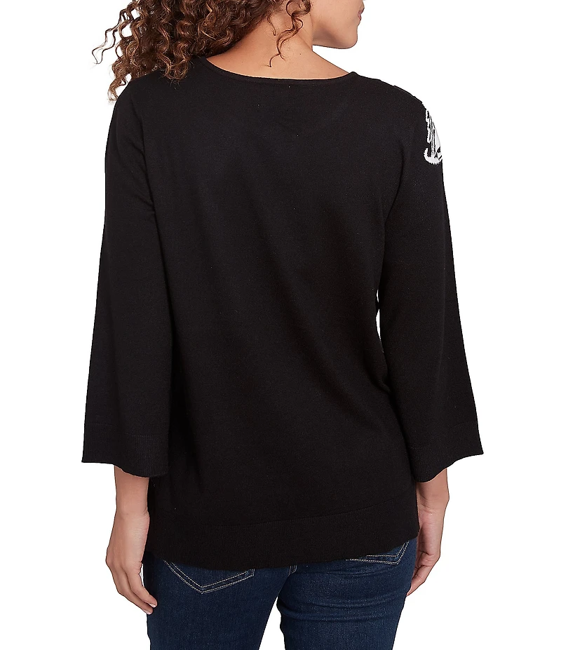 Ruby Rd. Jacquard Paisley Floral Keyhole Neck 3/4 Sleeve Sweater