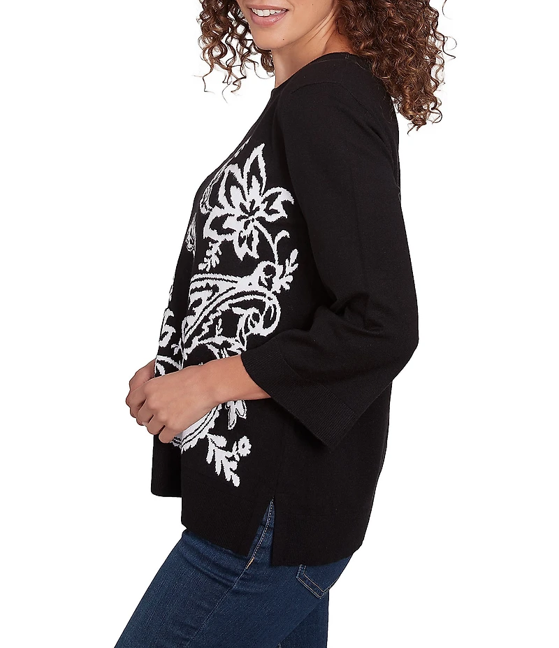 Ruby Rd. Jacquard Paisley Floral Keyhole Neck 3/4 Sleeve Sweater