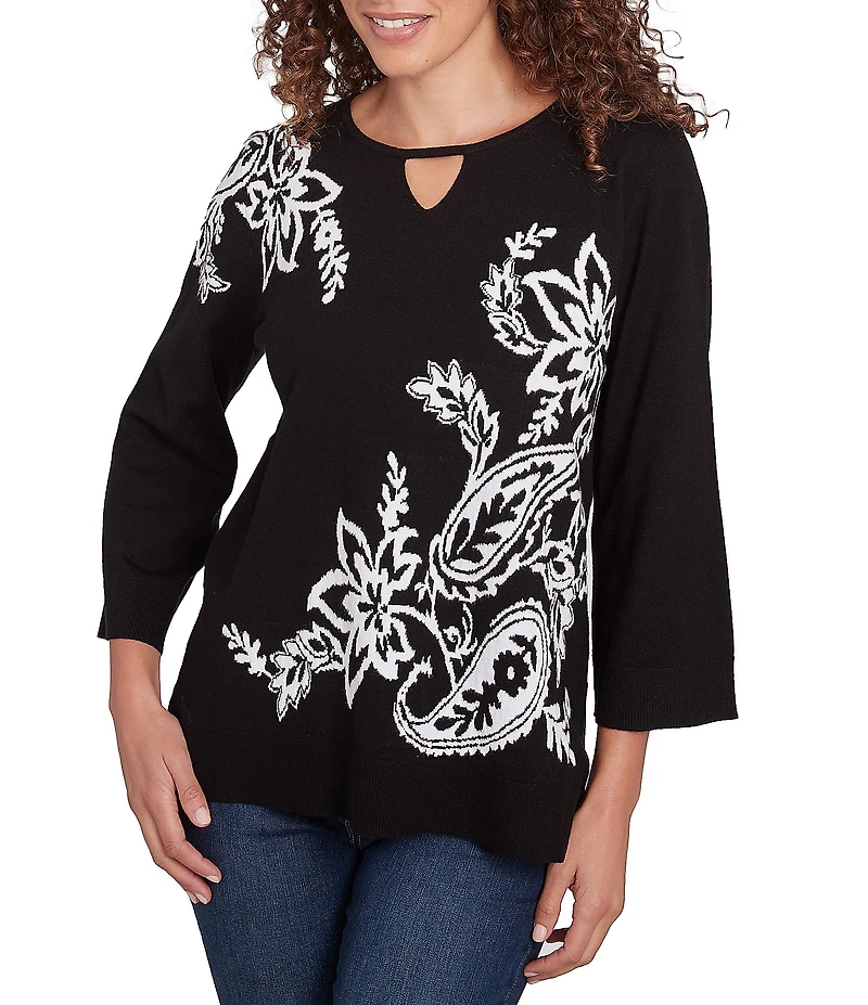 Ruby Rd. Jacquard Paisley Floral Keyhole Neck 3/4 Sleeve Sweater