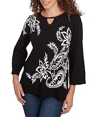 Ruby Rd. Jacquard Paisley Floral Keyhole Neck 3/4 Sleeve Sweater