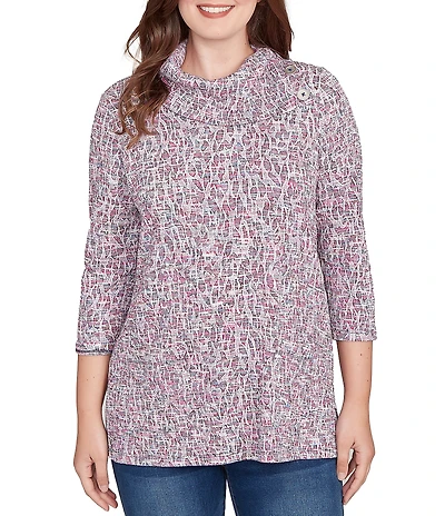 Ruby Rd. Jacquard Space-Dye Split Cowl Neck 3/4 Sleeve Top