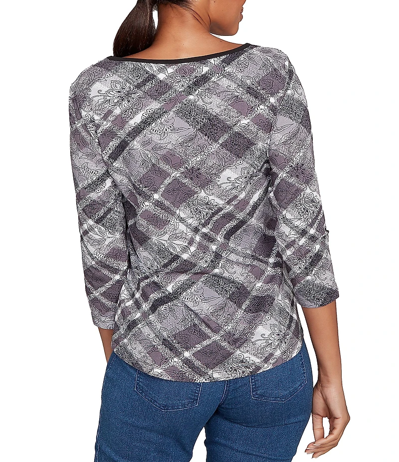 Ruby Rd. Jersey Knit Distressed Plaid Boat Neck 3/4 Sleeve Top