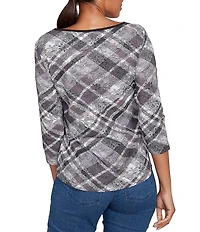 Ruby Rd. Jersey Knit Distressed Plaid Boat Neck 3/4 Sleeve Top