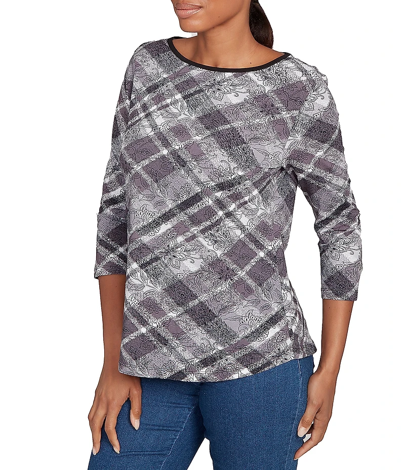 Ruby Rd. Jersey Knit Distressed Plaid Boat Neck 3/4 Sleeve Top