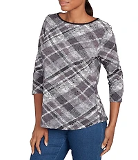 Ruby Rd. Jersey Knit Distressed Plaid Boat Neck 3/4 Sleeve Top