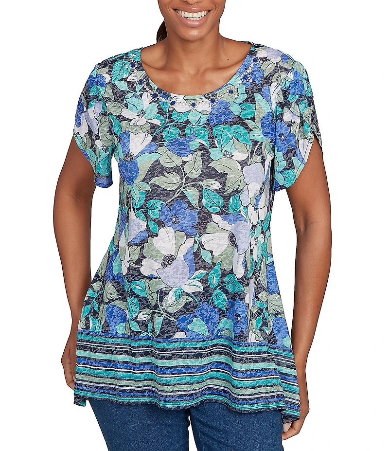 Ruby Rd. Jersey Knit Floral Stripe Border Print Round Neck Short Sleeve Sharkbite Hem Top