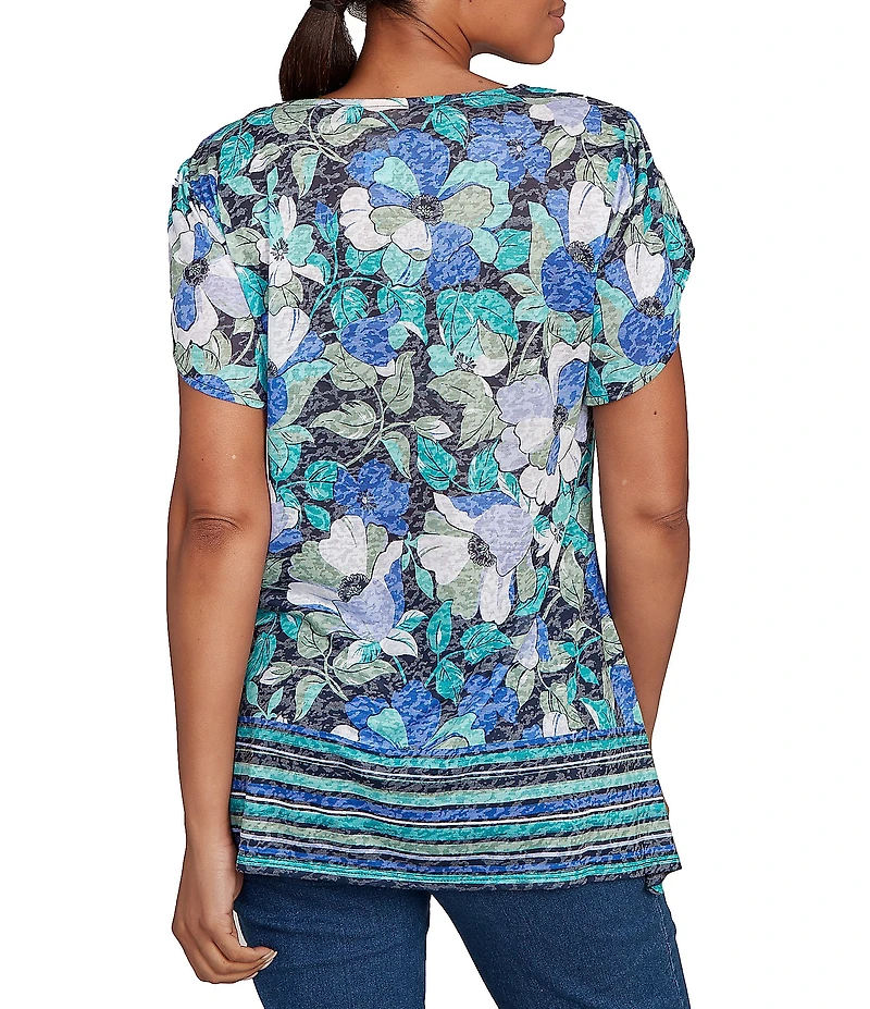Ruby Rd. Jersey Knit Floral Stripe Border Print Round Neck Short Sleeve Sharkbite Hem Top