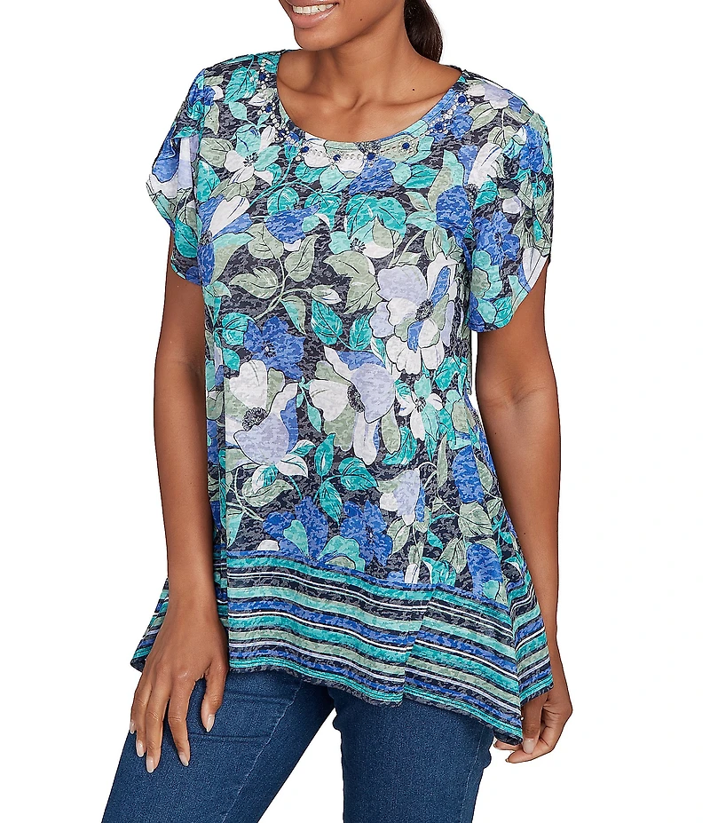 Ruby Rd. Jersey Knit Floral Stripe Border Print Round Neck Short Sleeve Sharkbite Hem Top