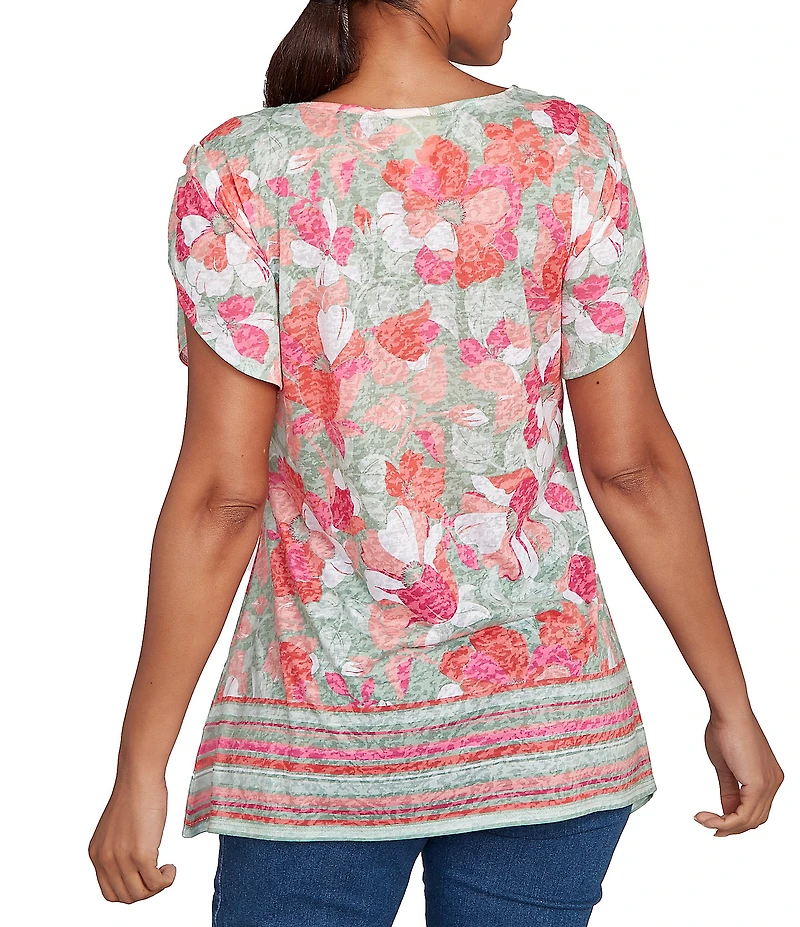 Ruby Rd. Jersey Knit Floral Stripe Border Print Round Neck Short Sleeve Sharkbite Hem Top