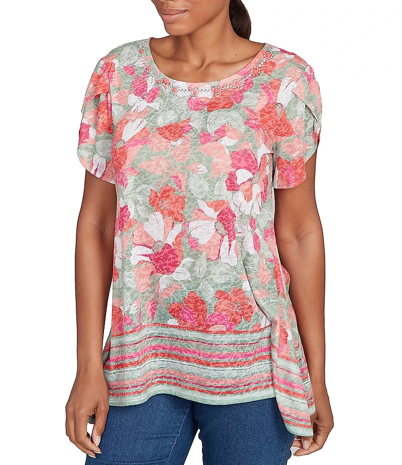 Ruby Rd. Jersey Knit Floral Stripe Border Print Round Neck Short Sleeve Sharkbite Hem Top