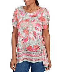 Ruby Rd. Jersey Knit Floral Stripe Border Print Round Neck Short Sleeve Sharkbite Hem Top