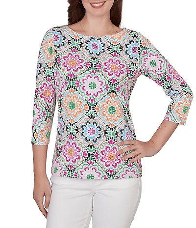 Ruby Rd. Kaleidoscope Floral Print Boat Neck 3/4 Sleeve Top