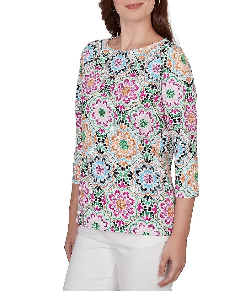 Ruby Rd. Kaleidoscope Floral Print Boat Neck 3/4 Sleeve Top