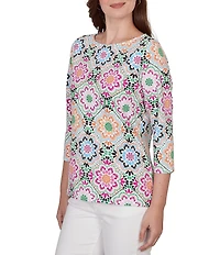 Ruby Rd. Kaleidoscope Floral Print Boat Neck 3/4 Sleeve Top