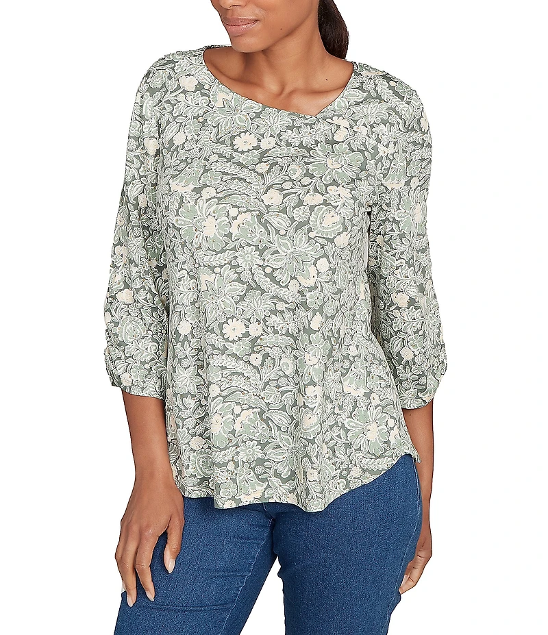 Ruby Rd. Knit Asymmetrical V-Neck 3/4 Sleeve Floral Dewdrop Embellished Top