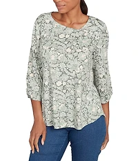 Ruby Rd. Knit Asymmetrical V-Neck 3/4 Sleeve Floral Dewdrop Embellished Top