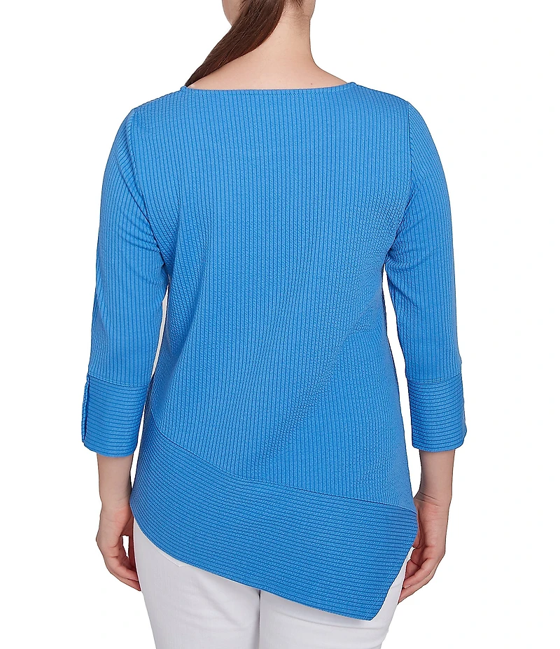 Ruby Rd. Knit Cable Stripe Square Neck 3/4 Sleeve Asymmetric Hem Top