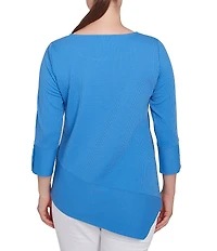 Ruby Rd. Knit Cable Stripe Square Neck 3/4 Sleeve Asymmetric Hem Top