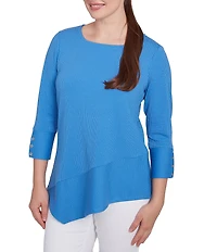 Ruby Rd. Knit Cable Stripe Square Neck 3/4 Sleeve Asymmetric Hem Top