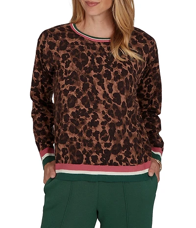 Ruby Rd. Knit Contrast Trim Cheetah Print Boat Neck Long Sleeve Sweater
