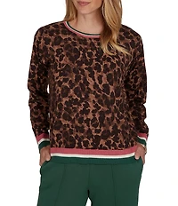 Ruby Rd. Knit Contrast Trim Cheetah Print Boat Neck Long Sleeve Sweater