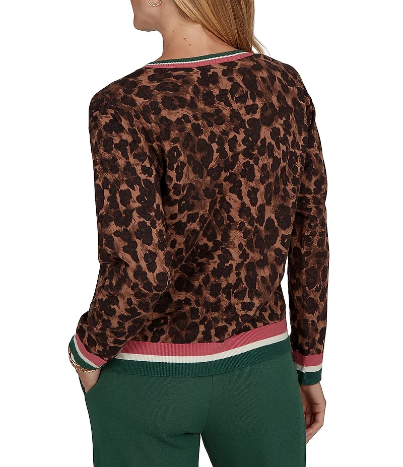 Ruby Rd. Knit Contrast Trim Cheetah Print Boat Neck Long Sleeve Sweater