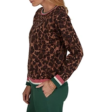 Ruby Rd. Knit Contrast Trim Cheetah Print Boat Neck Long Sleeve Sweater