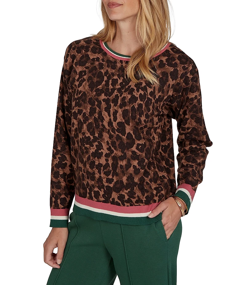 Ruby Rd. Knit Contrast Trim Cheetah Print Boat Neck Long Sleeve Sweater