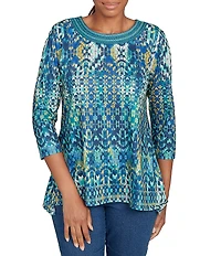 Ruby Rd. Knit Embroidered Crew Neck 3/4 Sleeve Kaleidoscope Top