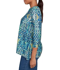 Ruby Rd. Knit Embroidered Crew Neck 3/4 Sleeve Kaleidoscope Top