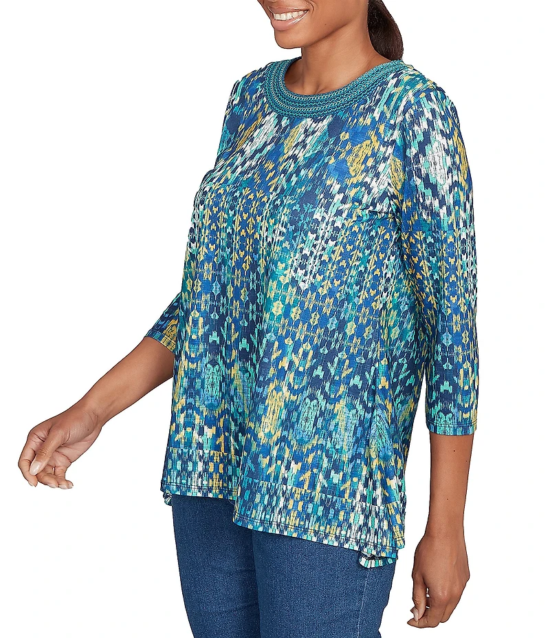 Ruby Rd. Knit Embroidered Crew Neck 3/4 Sleeve Kaleidoscope Top