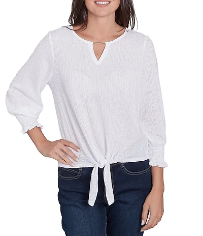 Ruby Rd. Knit Crinkle Keyhole Neck Bar 3/4 Sleeve Tie-Front Top
