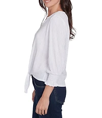 Ruby Rd. Knit Crinkle Keyhole Neck Bar 3/4 Sleeve Tie-Front Top