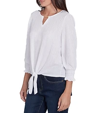 Ruby Rd. Knit Crinkle Keyhole Neck Bar 3/4 Sleeve Tie-Front Top