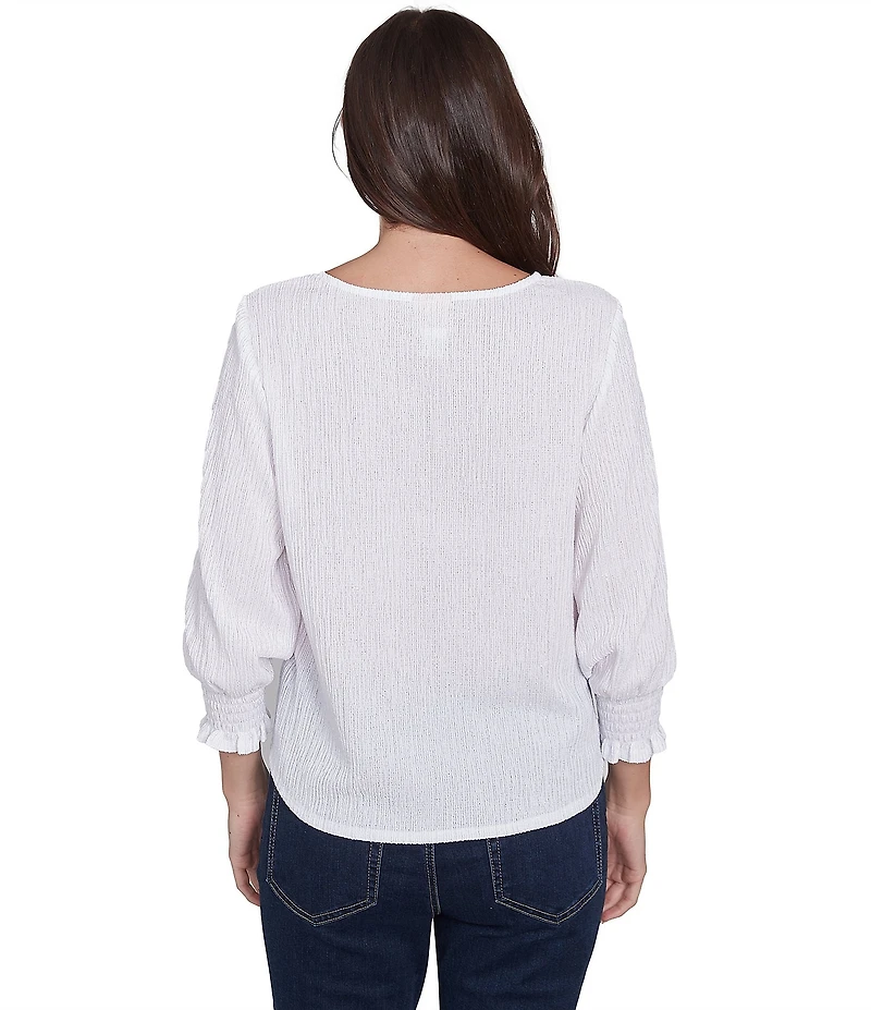 Ruby Rd. Knit Crinkle Keyhole Neck Bar 3/4 Sleeve Tie-Front Top