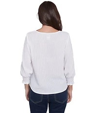 Ruby Rd. Knit Crinkle Keyhole Neck Bar 3/4 Sleeve Tie-Front Top