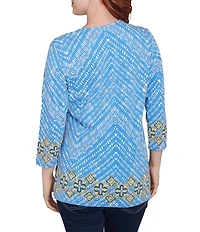 Ruby Rd. Knit Embellished Medallion Placement Border Print Split V-Neck 3/4 Sleeve Top