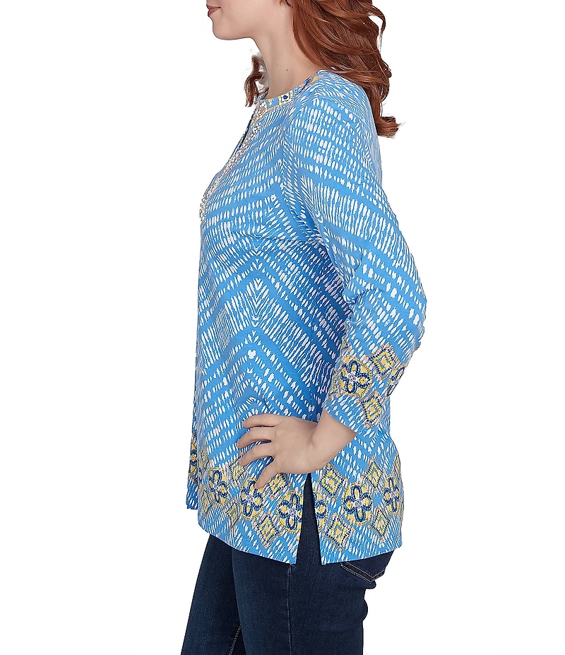 Ruby Rd. Knit Embellished Medallion Placement Border Print Split V-Neck 3/4 Sleeve Top